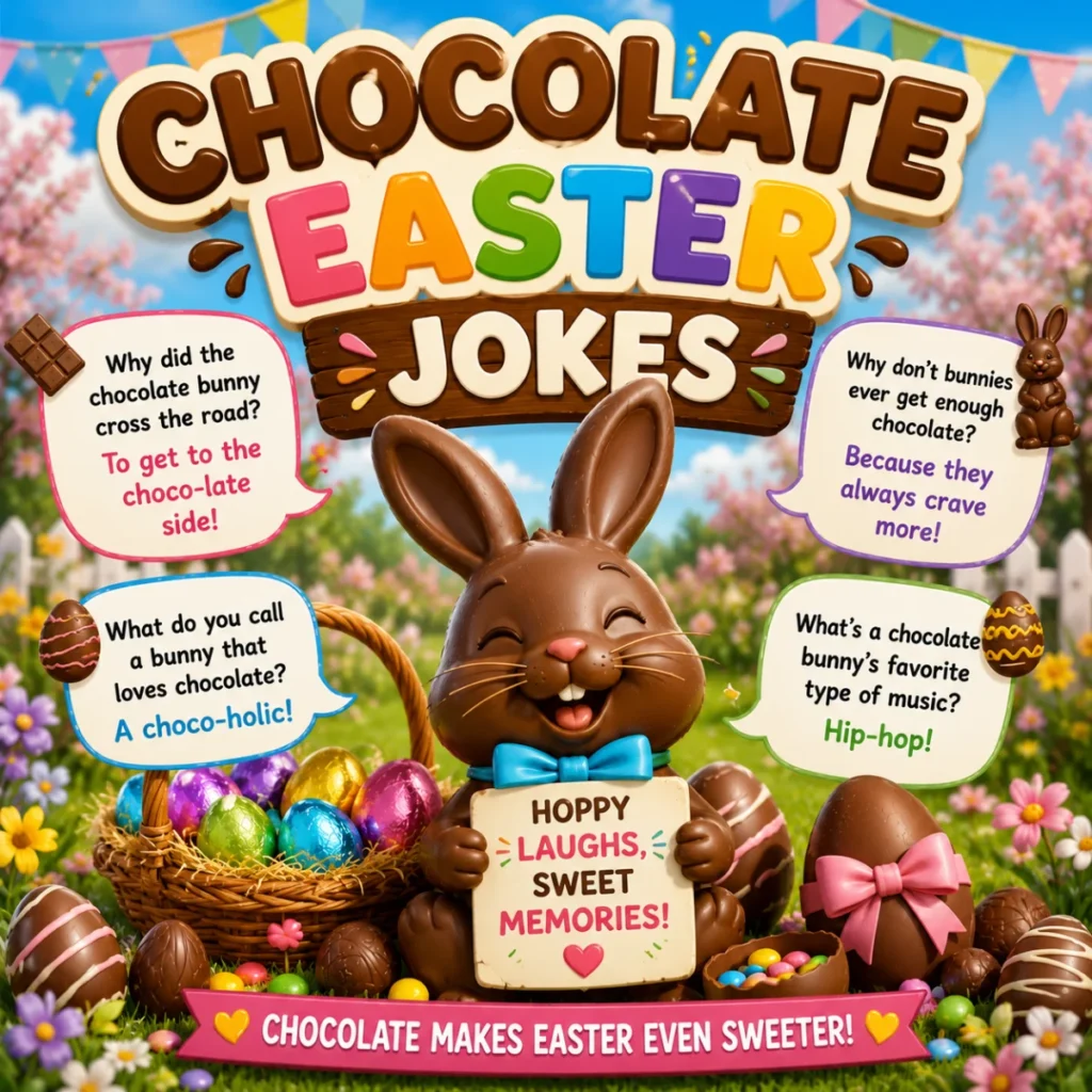 Smiling chocolate Easter bunny with colorful eggs and funny chocolate Easter jokes in a festive spring scene