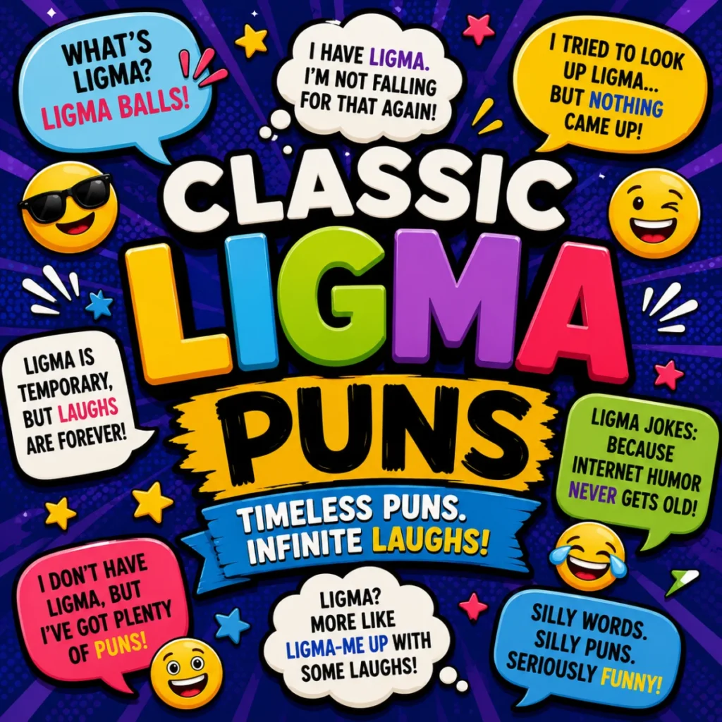 Colorful classic Ligma puns poster with internet memes, emojis, and funny wordplay in a comic-style design