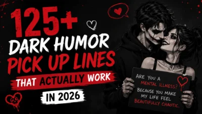 Dark humor pick up lines 2026 featuring a gothic couple with bold red and white typography on a black background