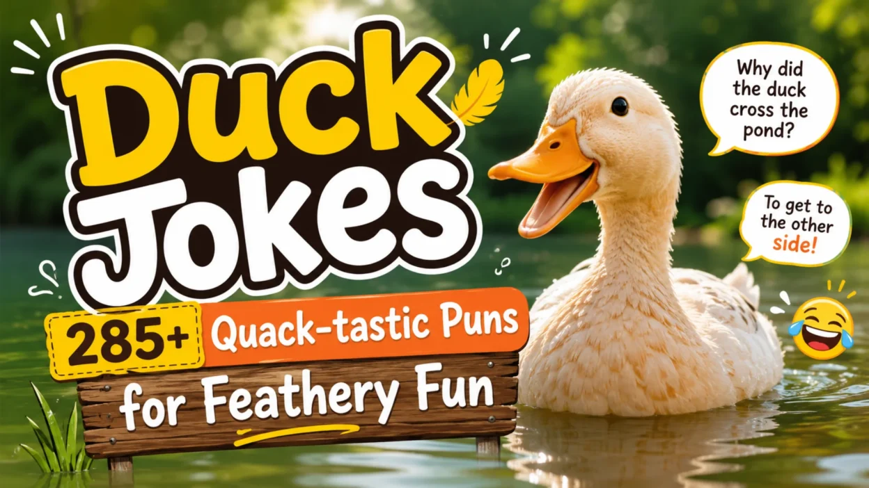 Cartoon duck in a pond with Duck Jokes title and 285+ quack-tastic puns for feathery fun thumbnail
