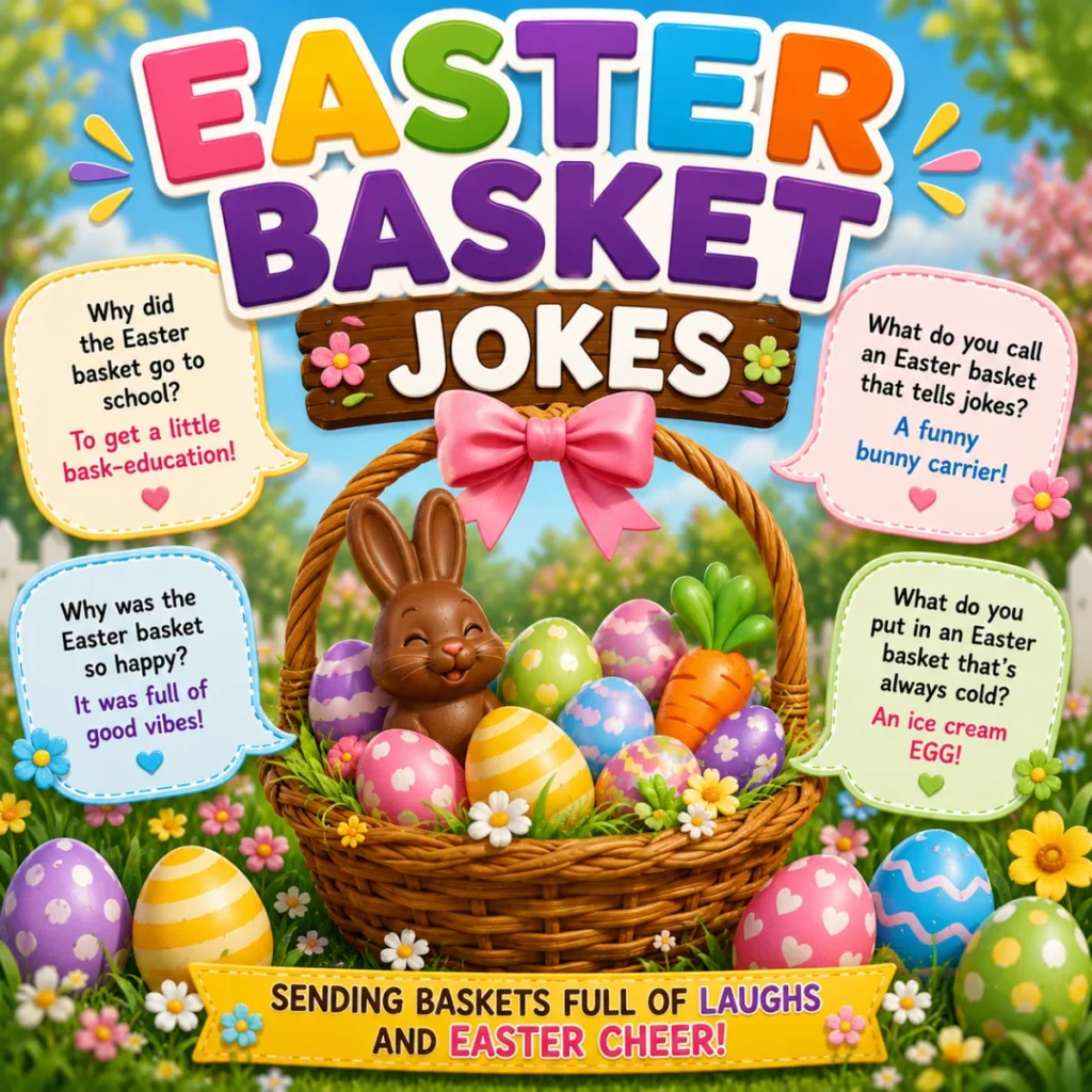 Colorful Easter basket with decorated eggs, chocolate bunny, and funny Easter basket jokes in a spring garden