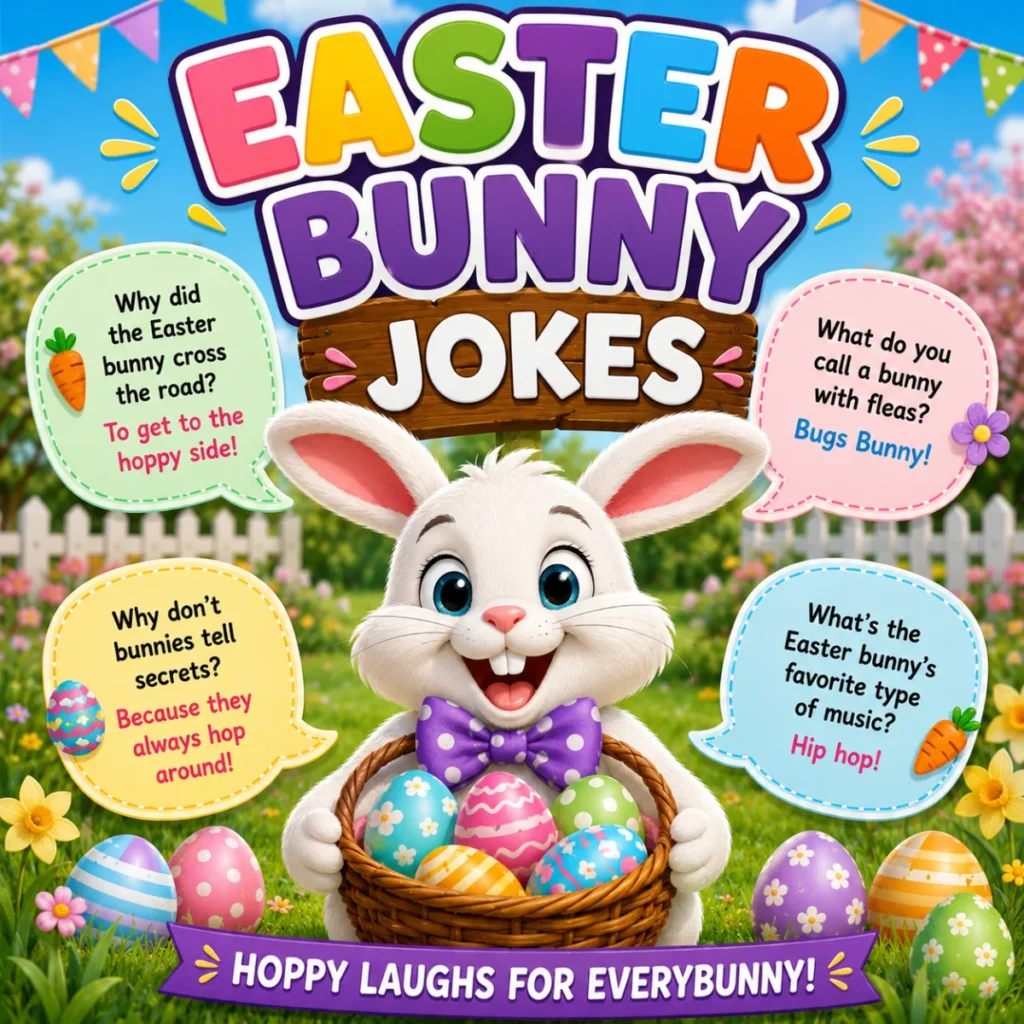 Cute Easter bunny with colorful eggs and funny Easter bunny jokes in a cheerful spring garden illustration