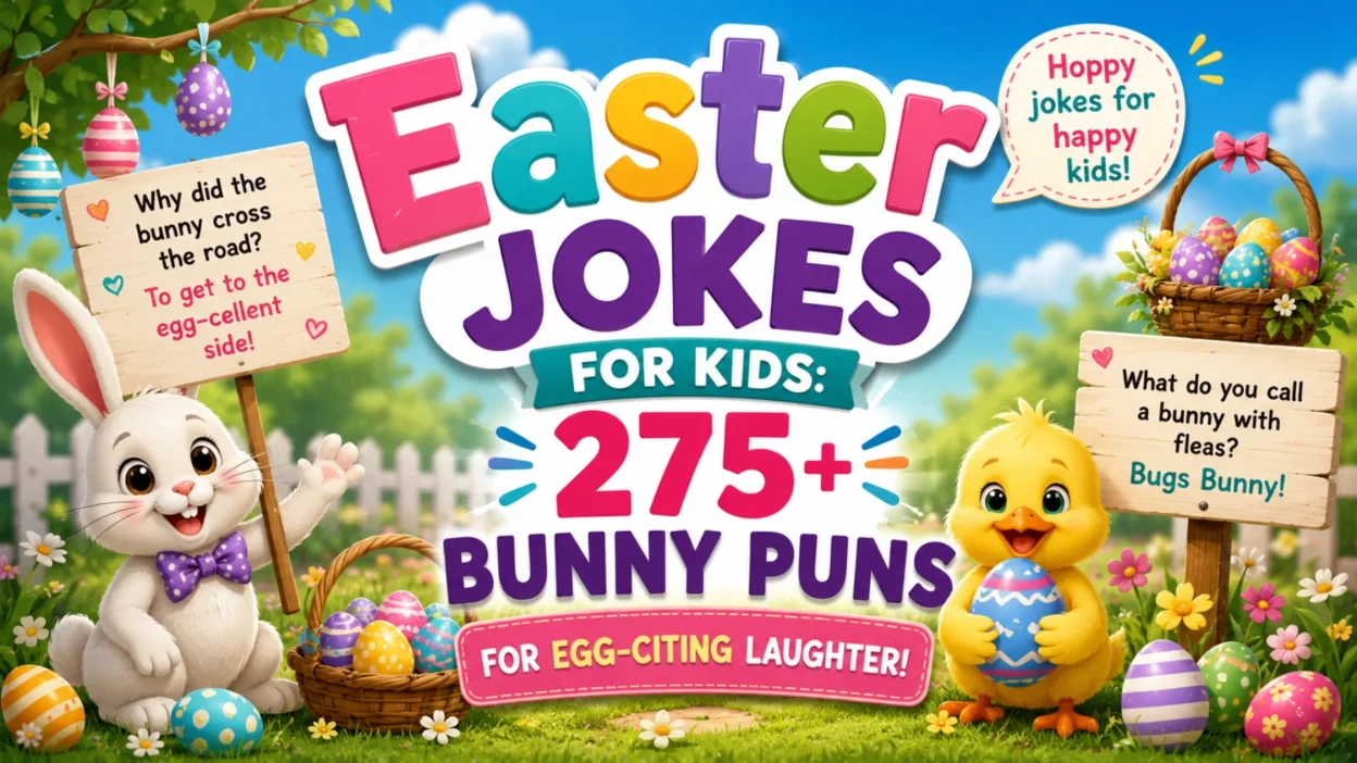 Cute Easter bunny and chick with colorful eggs promoting 275+ Easter jokes for kids and funny bunny puns