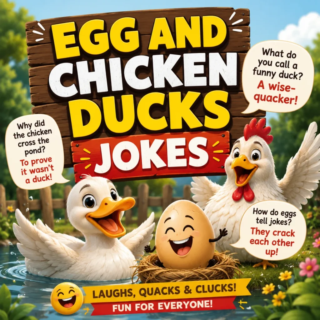 Cute duck, chicken, and smiling egg cartoon with funny egg and chicken duck jokes in a colorful farm scene