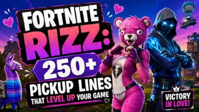 Fortnite-inspired Rizz banner with colorful game characters and 250+ pickup lines to level up your flirting game.
