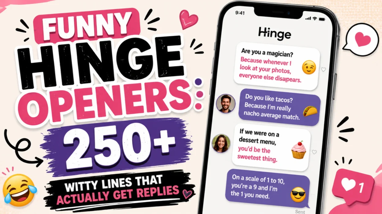 Funny Hinge Openers 250+ banner with smartphone chat messages and witty opening lines that get more dating app replies.