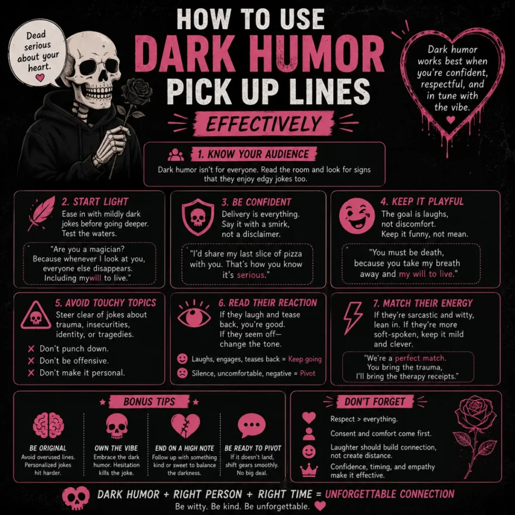 Infographic showing how to use dark humor pick up lines effectively with practical tips, examples, and respectful flirting advice