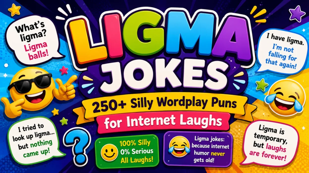 Colorful Ligma jokes banner with funny internet memes, emojis, and 250+ silly wordplay puns for online laughs