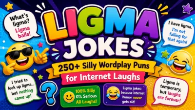 Colorful Ligma jokes banner with funny internet memes, emojis, and 250+ silly wordplay puns for online laughs