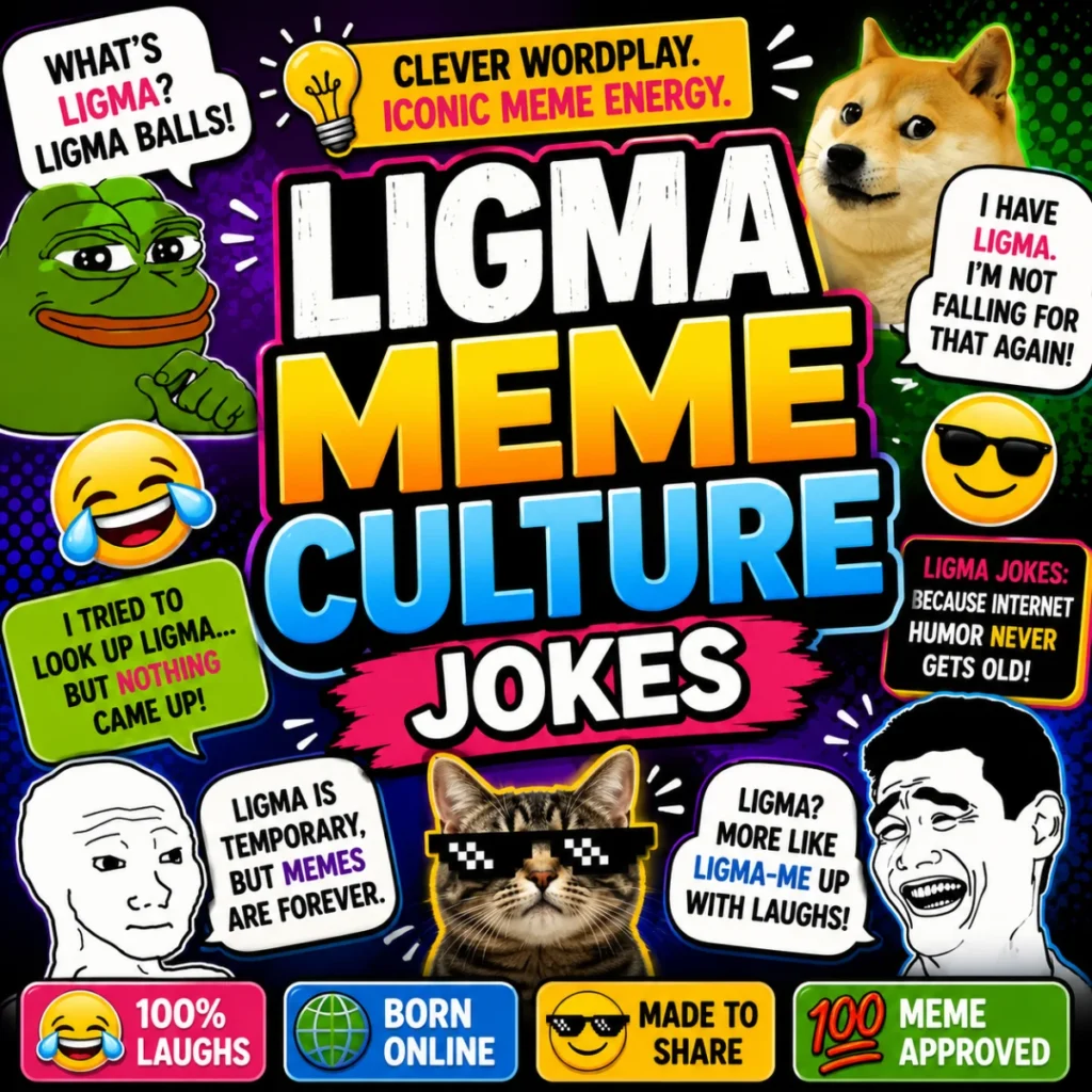 Colorful Ligma meme culture jokes poster with internet memes, emojis, and funny wordplay in a comic-style design