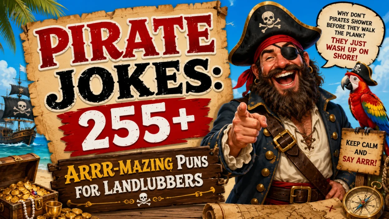 Laughing pirate with parrot, treasure chest, and Pirate Jokes 255+ banner featuring funny puns for landlubbers.