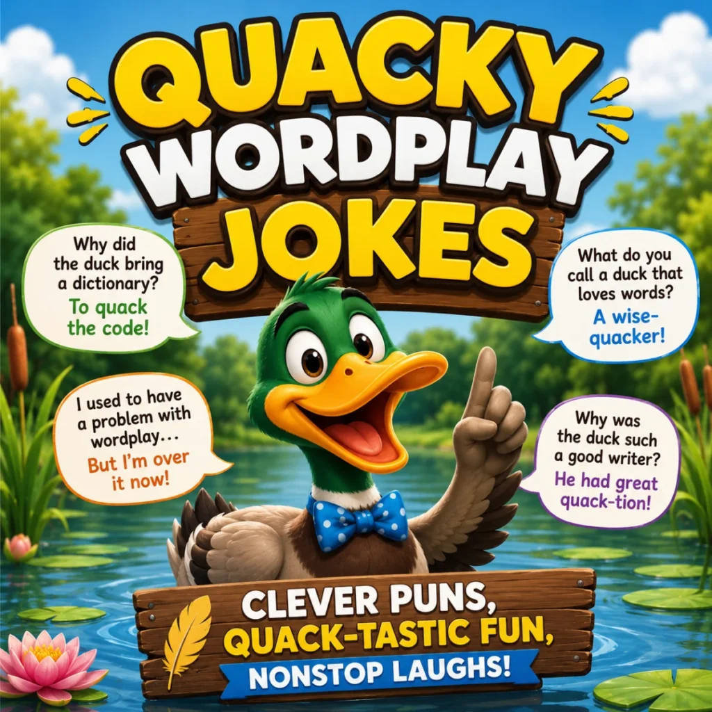 Cartoon duck with funny quacky wordplay jokes and clever puns in a colorful pond illustration