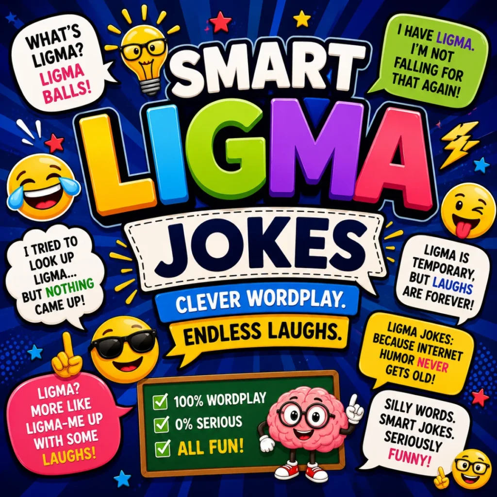 Colorful Smart Ligma jokes poster with clever wordplay, emojis, and internet meme humor in a comic-style design