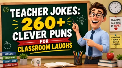 Teacher pointing at a classroom chalkboard with 260+ clever teacher jokes and puns for fun classroom laughs.