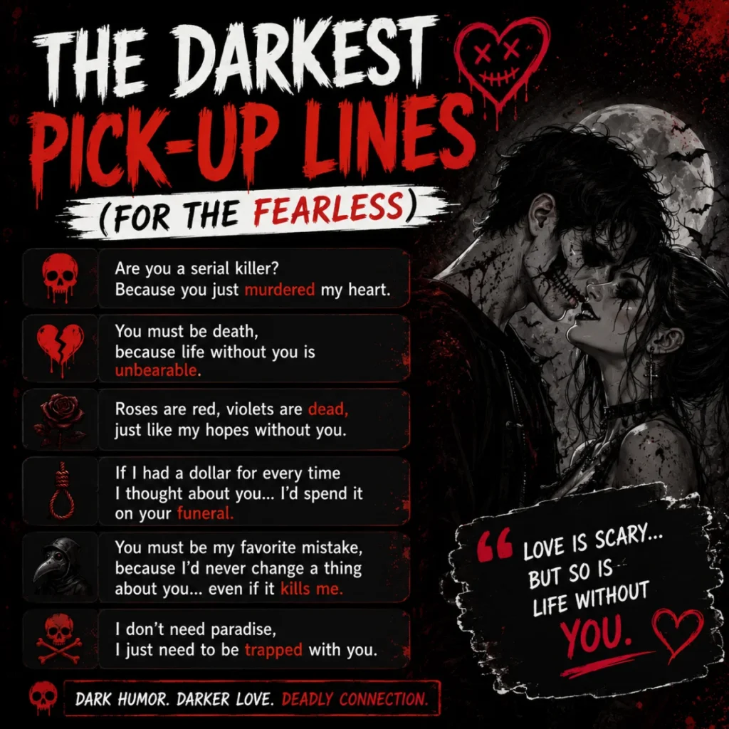 The darkest pick up lines for the fearless with gothic couple artwork and bold horror-inspired typography
