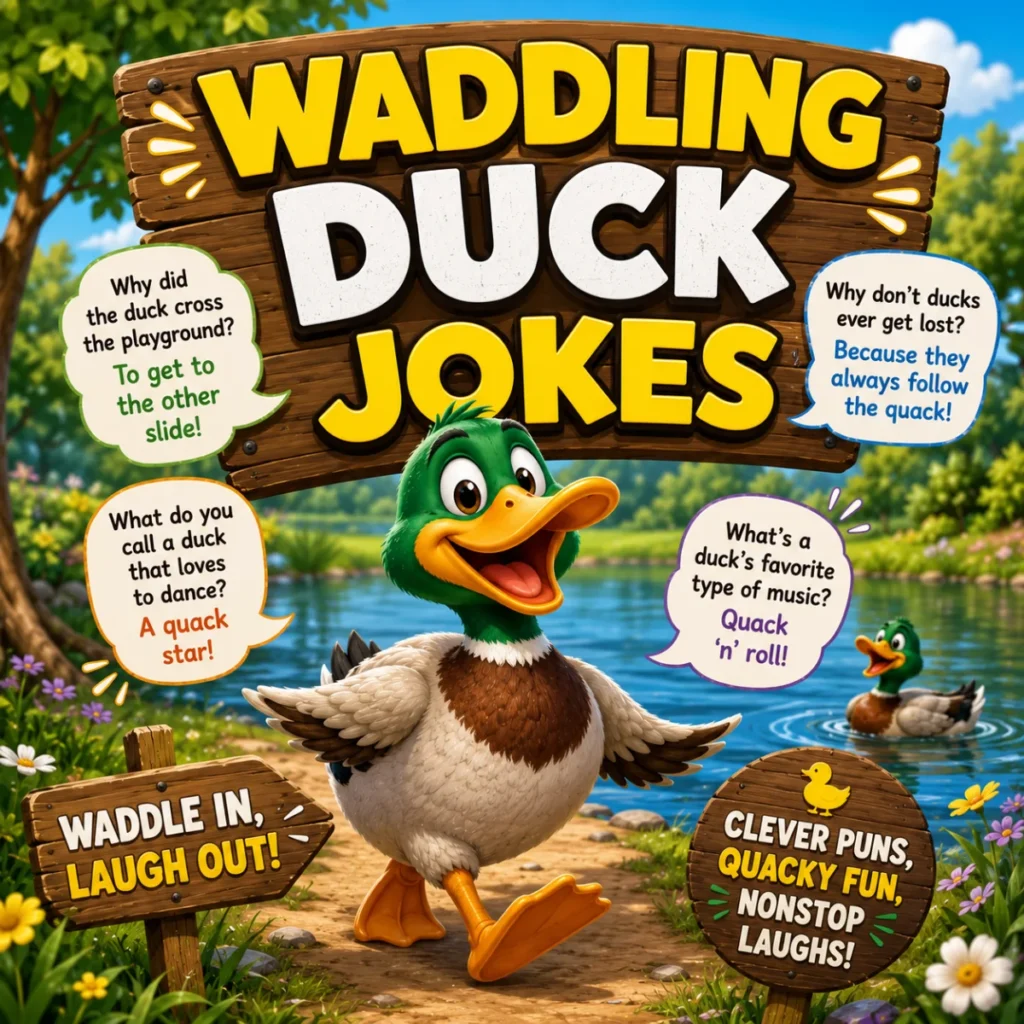 Happy cartoon duck waddling by a pond with funny waddling duck jokes and playful quack puns