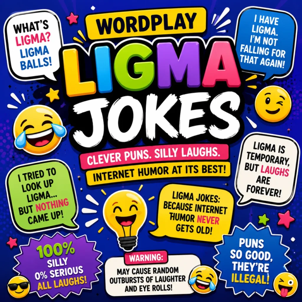Colorful wordplay Ligma jokes poster with internet memes, emojis, and funny puns for online humor lovers