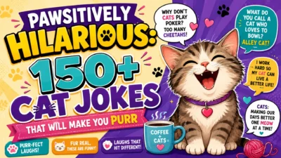 150+ funny cat jokes with a laughing cat, paw prints, yarn ball, and playful speech bubbles