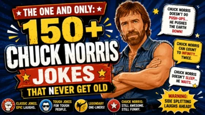 150+ Chuck Norris jokes with a rugged action-style character and funny joke speech bubbles