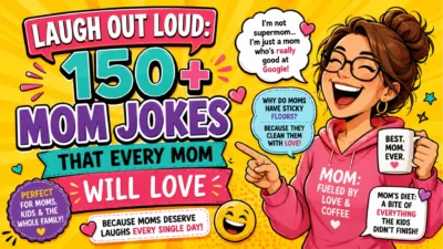 150+ funny mom jokes with a laughing mom, coffee mug, and playful joke speech bubbles