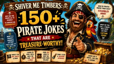 150+ pirate jokes with a cheerful pirate, colorful parrot, treasure chest, and funny speech bubbles