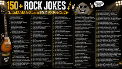 150+ rock jokes poster with funny rock puns, guitar, amplifier, and cartoon rock character