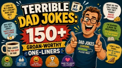150+ terrible dad jokes with a laughing dad, coffee mug, and funny speech bubbles
