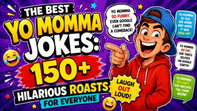 150+ funny Yo Momma jokes with a laughing cartoon character and playful roast speech bubbles