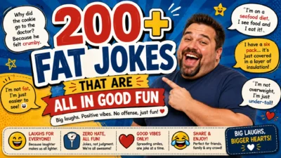 200+ fat jokes graphic with a laughing man, playful speech bubbles, and lighthearted humor for everyone.