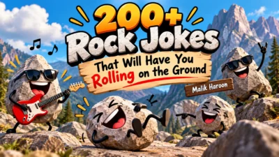 200+ rock jokes with funny cartoon rocks laughing, rolling, and playing guitar in the mountains