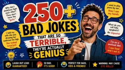 250+ bad jokes graphic featuring a laughing man, funny speech bubbles, and terrible jokes that are genius.
