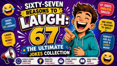 67 jokes collection with a laughing cartoon character, emojis, speech bubbles, and bold colorful text