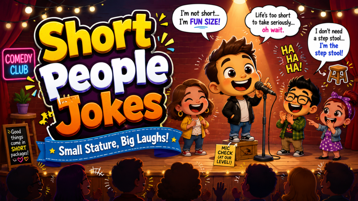 Funny short people jokes illustration with cartoon comedians performing on a comedy club stage