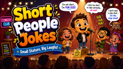 Funny short people jokes illustration with cartoon comedians performing on a comedy club stage