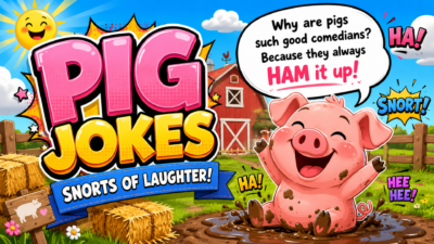 Funny pig jokes cartoon with laughing pig, farm background, and clean pig humor for kids and adults