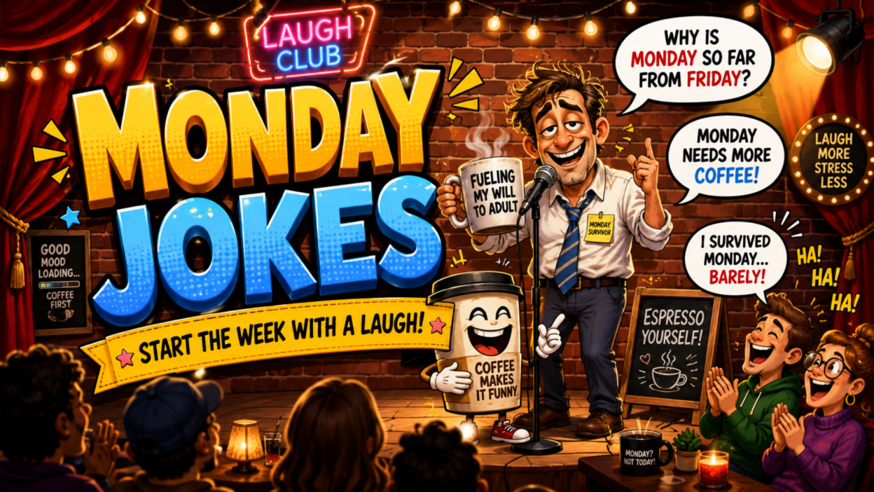 Funny Monday jokes illustration with a comedian, coffee, and laughing audience at a comedy club