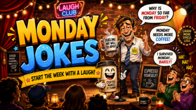 Funny Monday jokes illustration with a comedian, coffee, and laughing audience at a comedy club