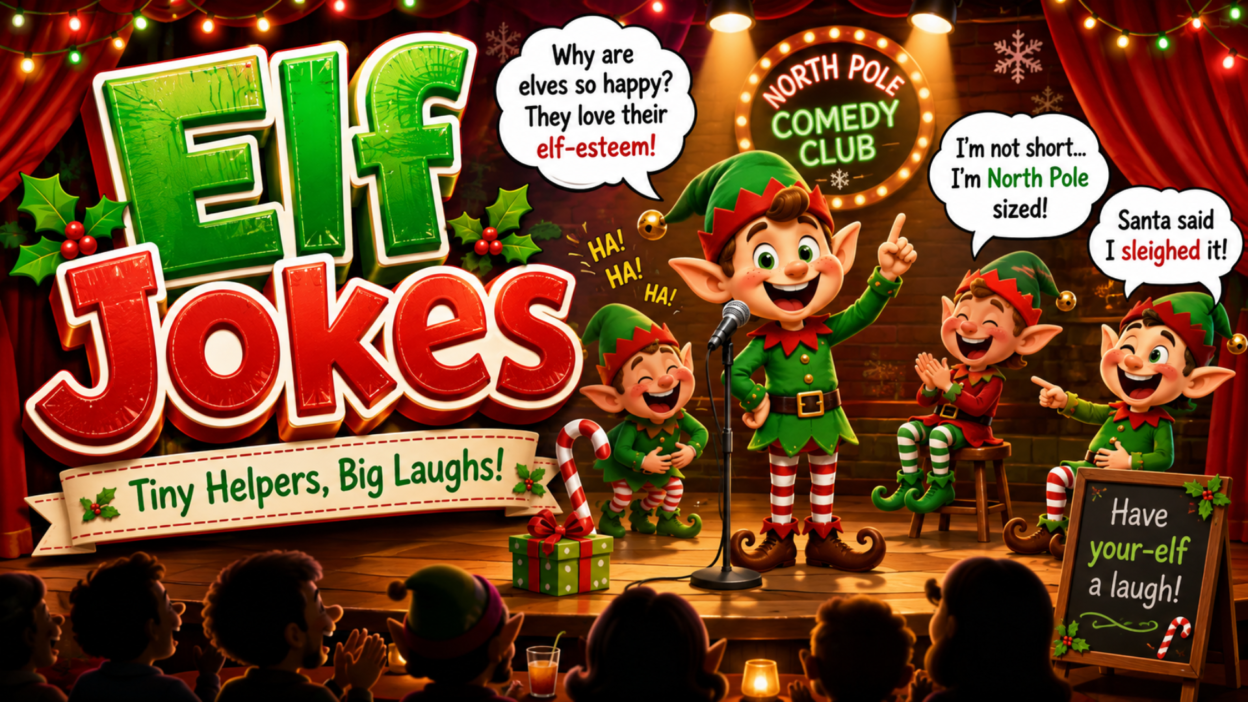 Funny elf jokes illustration with Christmas elves performing at a North Pole comedy club