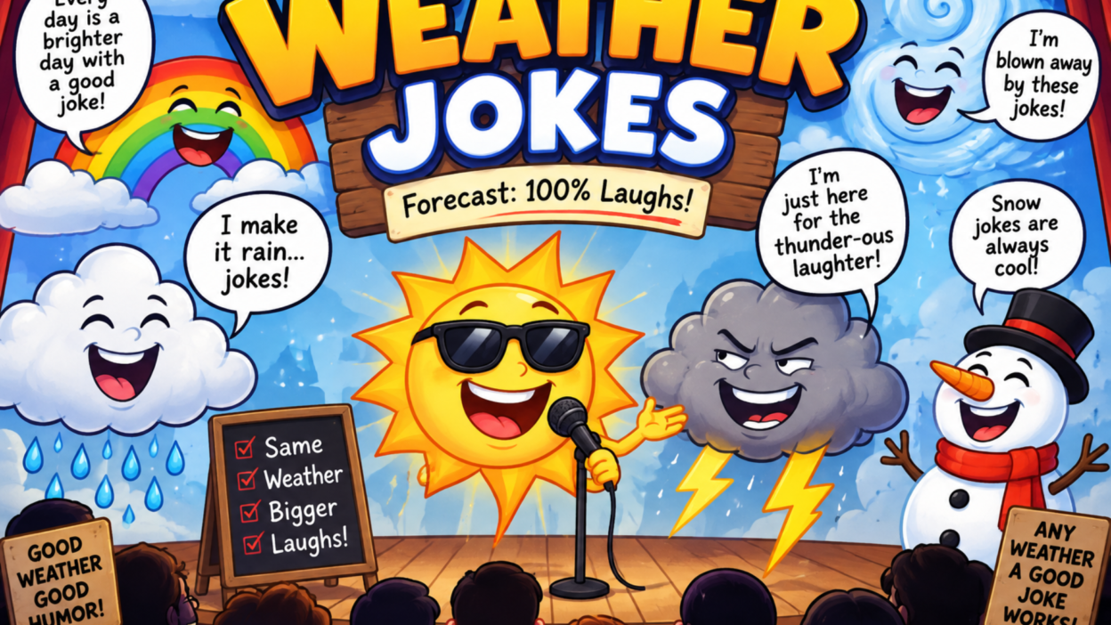 Funny weather jokes illustration with sun, clouds, rain, lightning, and snow characters on a comedy stage