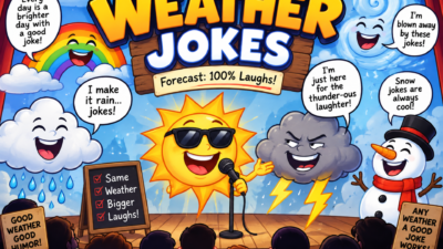 Funny weather jokes illustration with sun, clouds, rain, lightning, and snow characters on a comedy stage