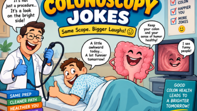Funny colonoscopy jokes illustration with a doctor, patient, and cartoon colon in a medical clinic