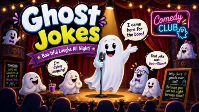 Funny ghost jokes illustration with cartoon ghosts performing at a spooky comedy club