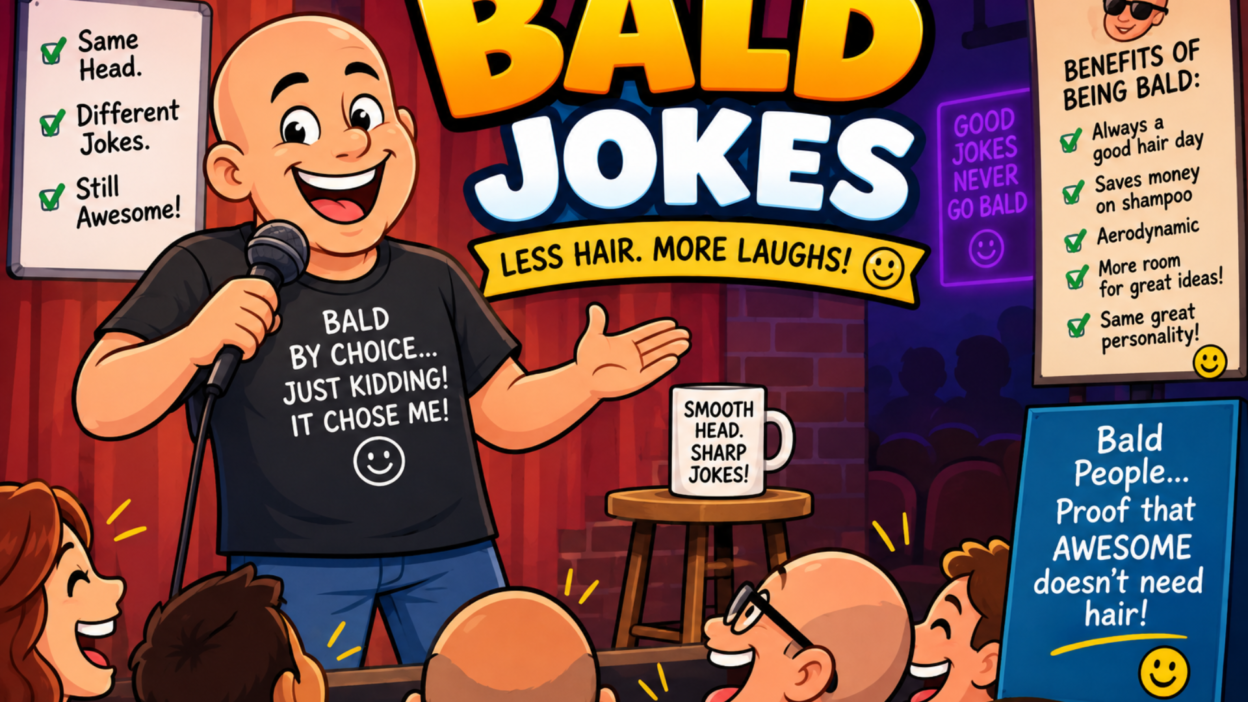 Funny bald jokes illustration with a bald comedian performing on a comedy club stage