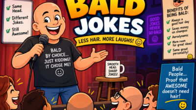 Funny bald jokes illustration with a bald comedian performing on a comedy club stage