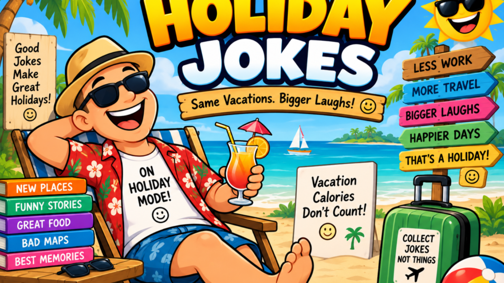 Funny holiday jokes illustration with a smiling traveler relaxing on a tropical beach