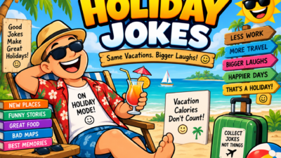 Funny holiday jokes illustration with a smiling traveler relaxing on a tropical beach