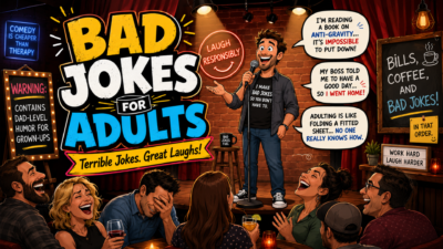 Funny bad jokes for adults illustration with a comedian performing on a comedy club stage