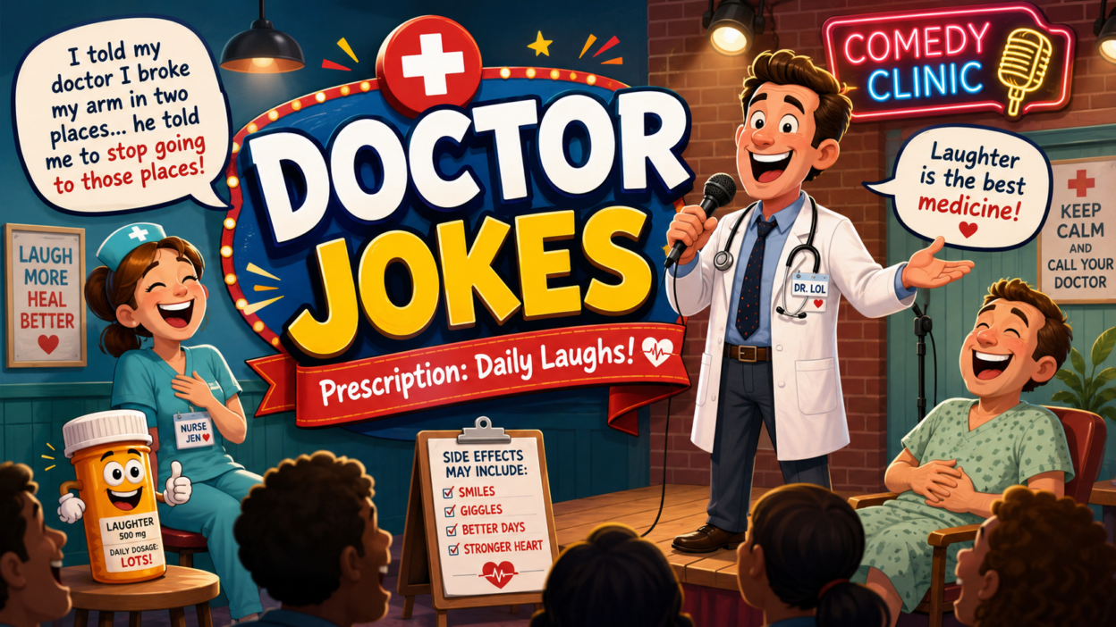 Funny doctor jokes illustration with a doctor, nurse, patient, and comedy clinic stage