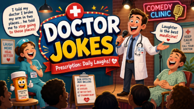 Funny doctor jokes illustration with a doctor, nurse, patient, and comedy clinic stage