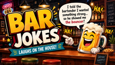 Funny Bar Jokes featured image with a smiling beer mug character inside a colorful bar